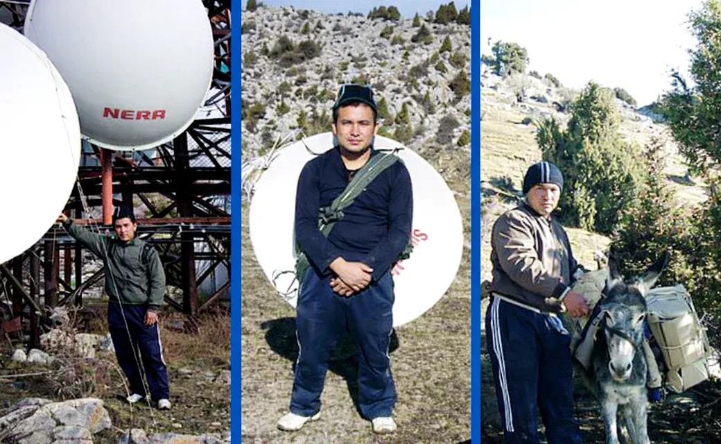 Three photos show a broadcast site with large satellite dishes, a worker standing in front of equipment, and a donkey carrying supplies along a mountain path.