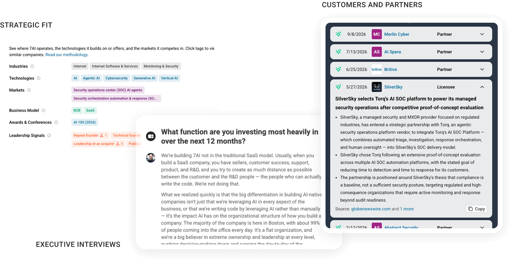 Product screens: Strategic fit, Executive interviews, Customers and Partners