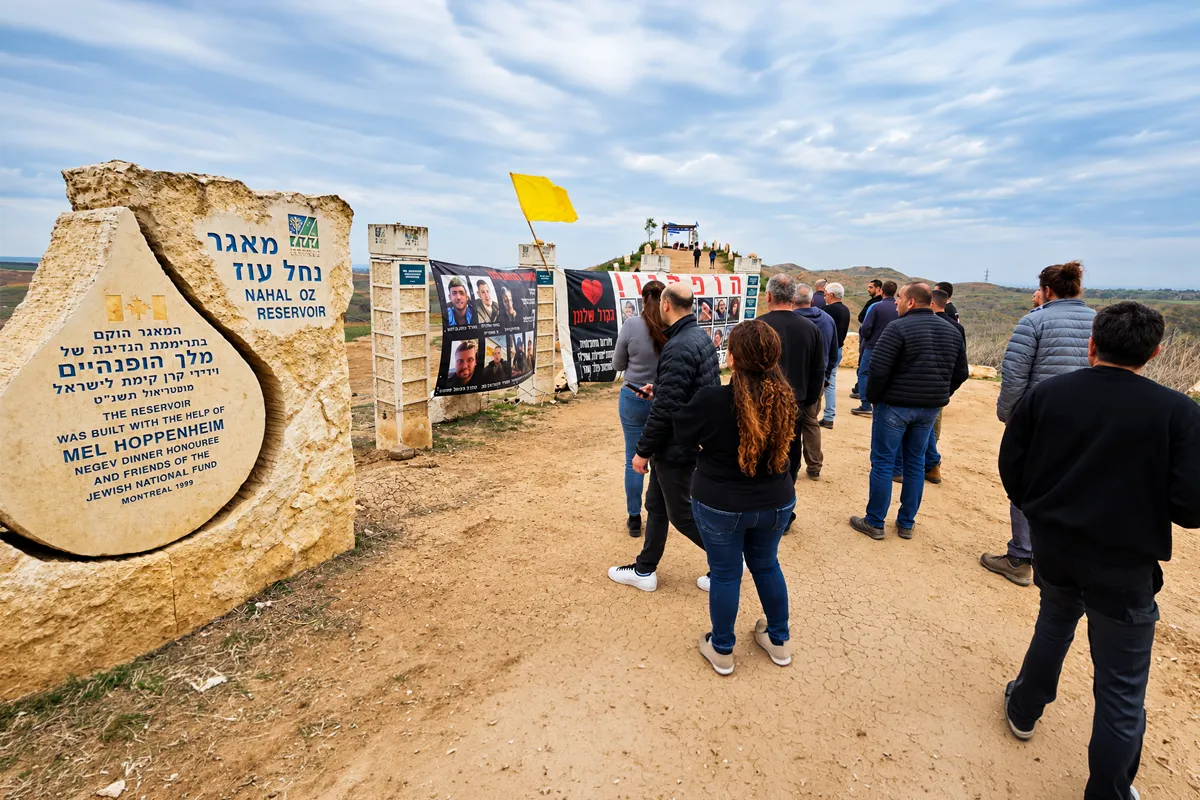 Visitors gather at the Nahal Oz memorial in Israel, surrounded by portraits and tributes to victims of the October 7 attacks.