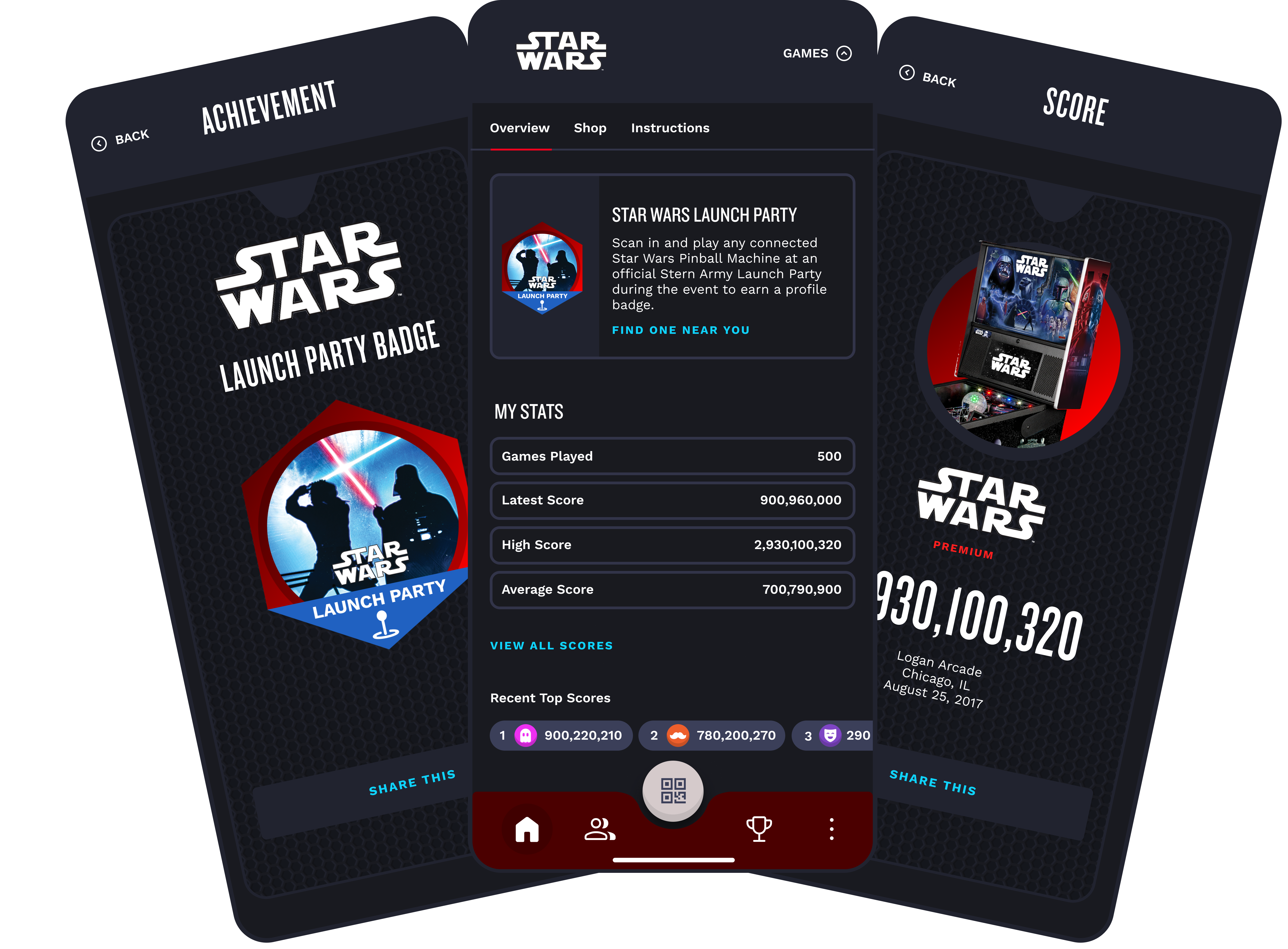 Stern Insider Connected app showing scores, achievements and leaderboards